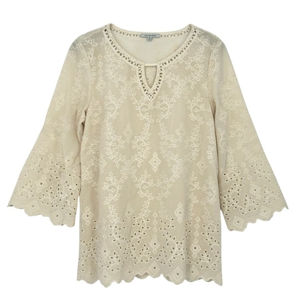 John Mark Ivory Eyelet Lace Bell Sleeve Velvet Embroidered Tunic Top Women's M